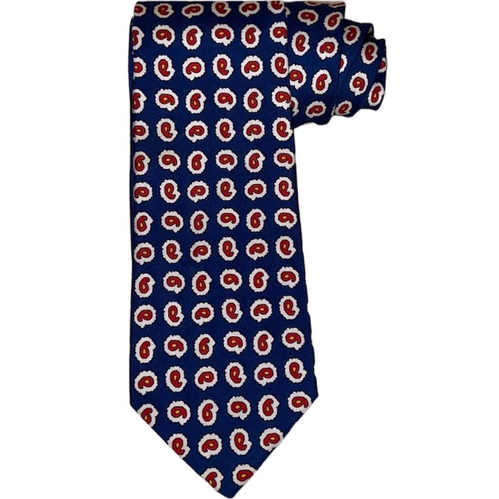 Lauren Ralph Lauren Hand Made Blue and Red Paisley Abstract Printed Silk Tie